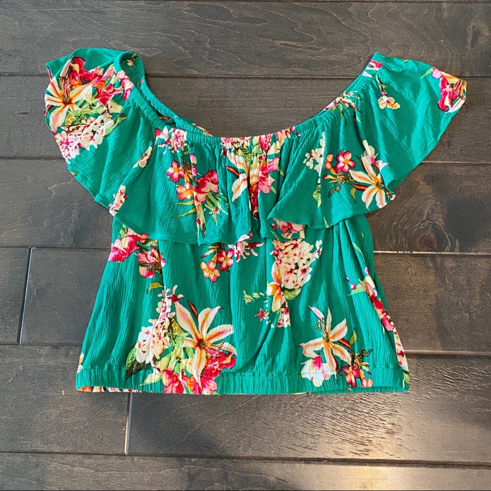 Express Green Floral Off-Shoulder Ruffle Top